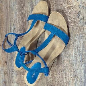 Blue wedge sandals